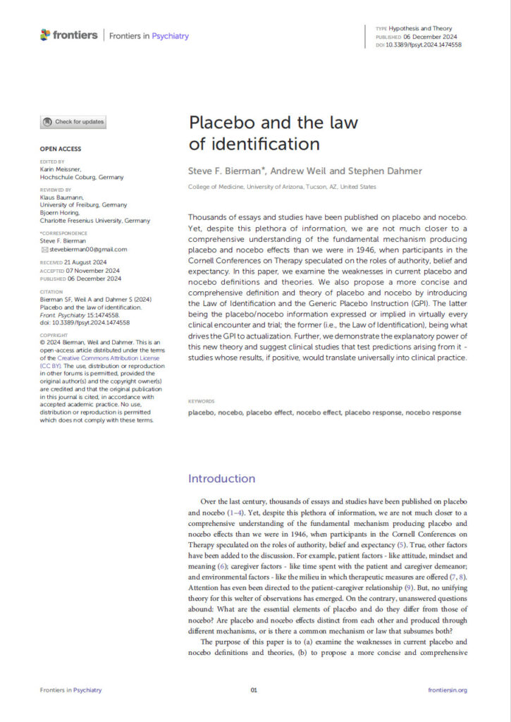 Healing beyond Pills and potions Placebo and the law of identification Writings Steve Bierman Healing Beyond Pills and Potions